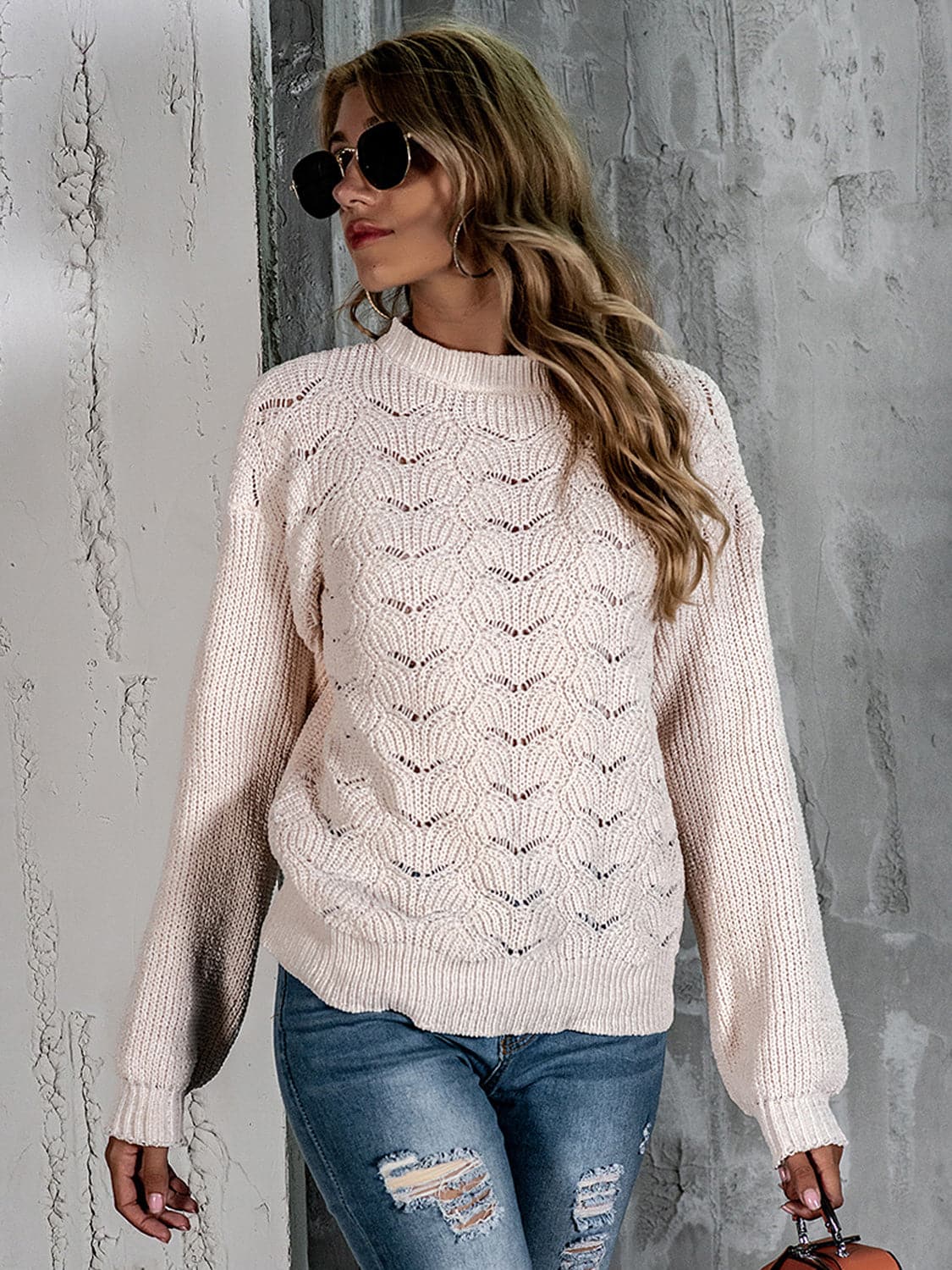 Openwork Mock Neck Long Sleeve Sweater.