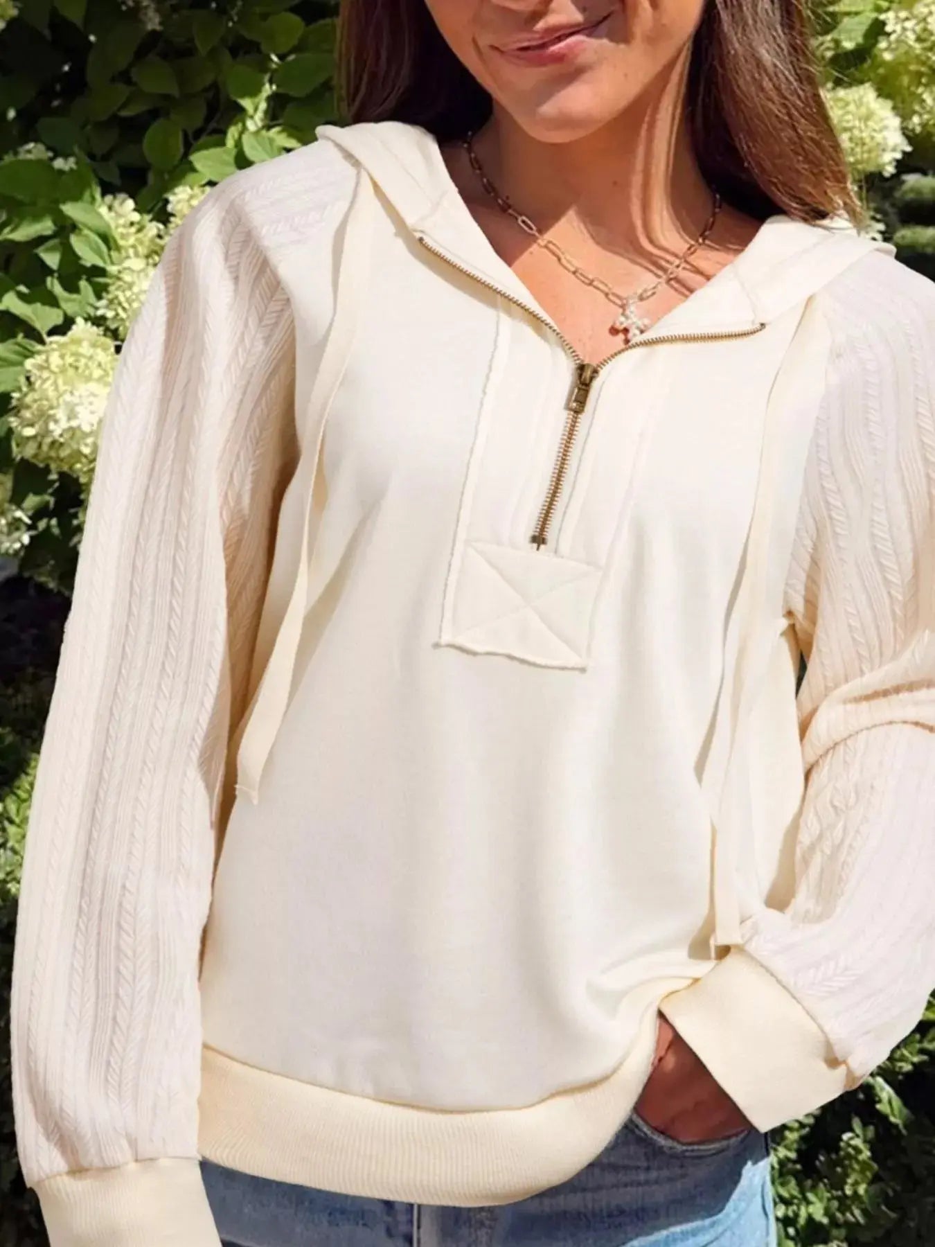 Solid Color Textured Sleeve Patchwork Half Zip Hoodie Simply Love