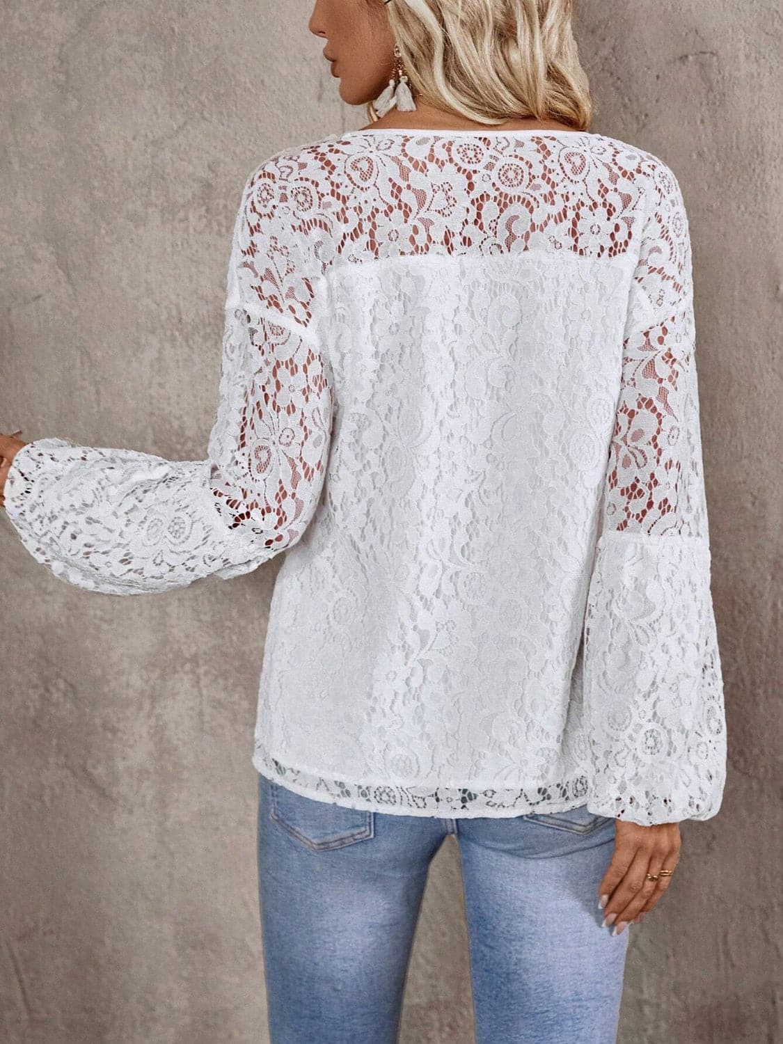 Lace Tie Neck Long Sleeve Blouse.