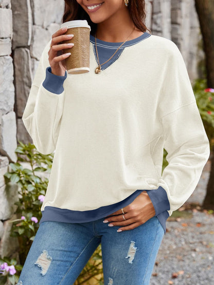 Contrast Round Neck Long Sleeve Sweatshirt.