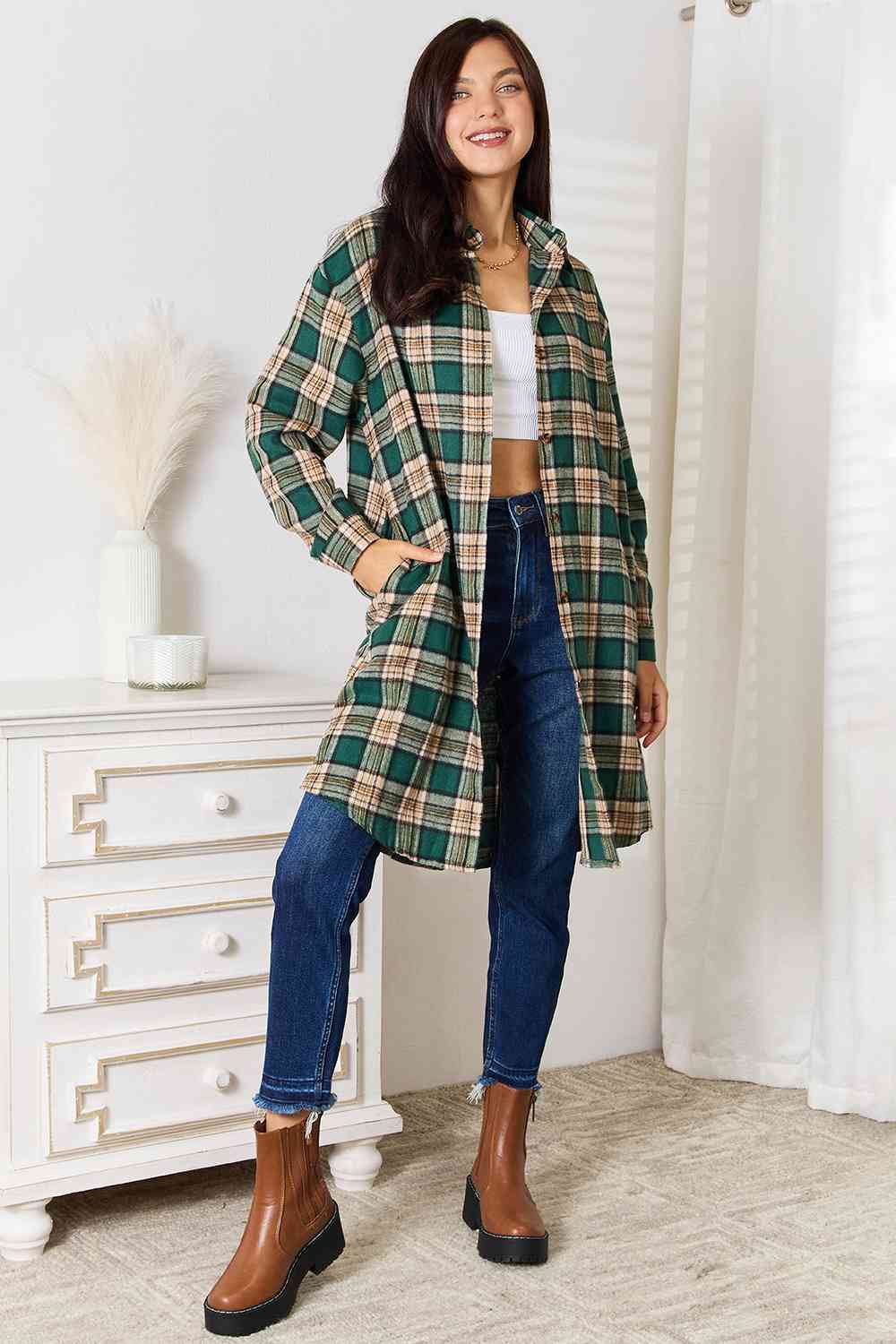 Double Take Plaid Collared Neck Long Sleeve Shirt - Love Salve