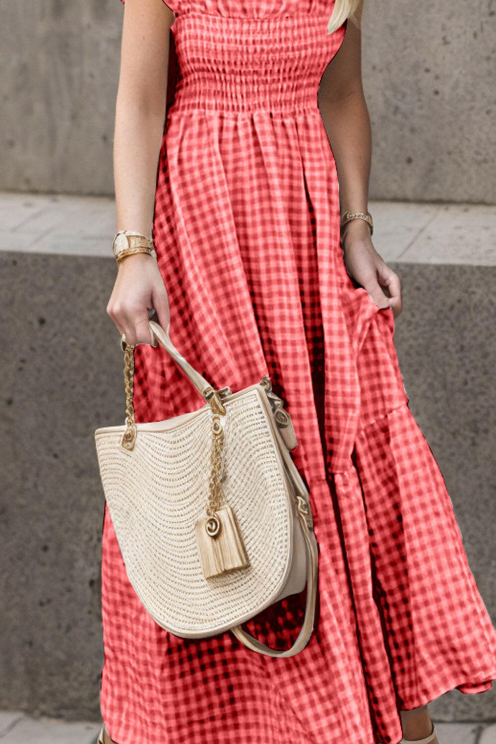 Full Size Smocked Ruffled Plaid Ruffle Hem Dress.