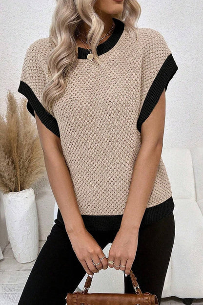 Contrast Round Neck Cap Sleeve Knit Top.