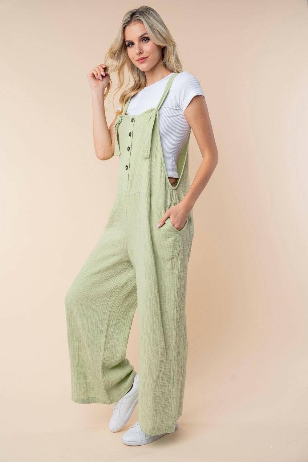 White Birch Texture Sleeveless Wide Leg Jumpsuit.