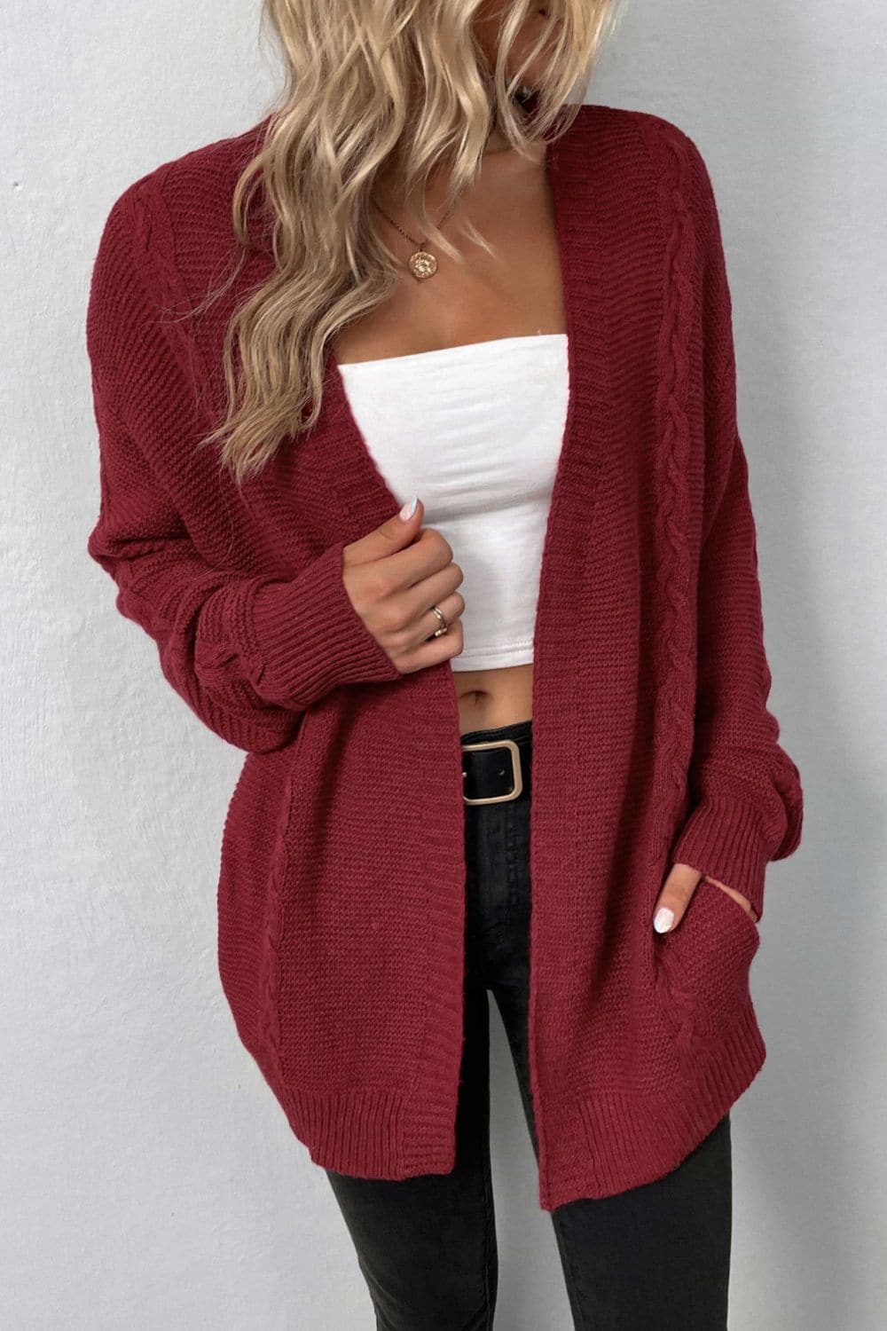 Cable-Knit Open Front Cardigan with Pockets.