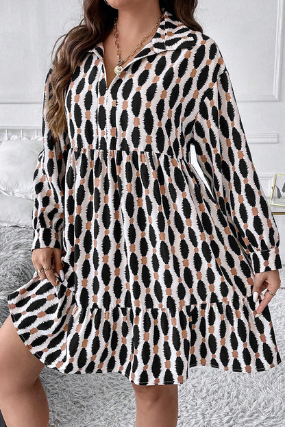 Apricot geometric print plus size collared V-neck mini dress