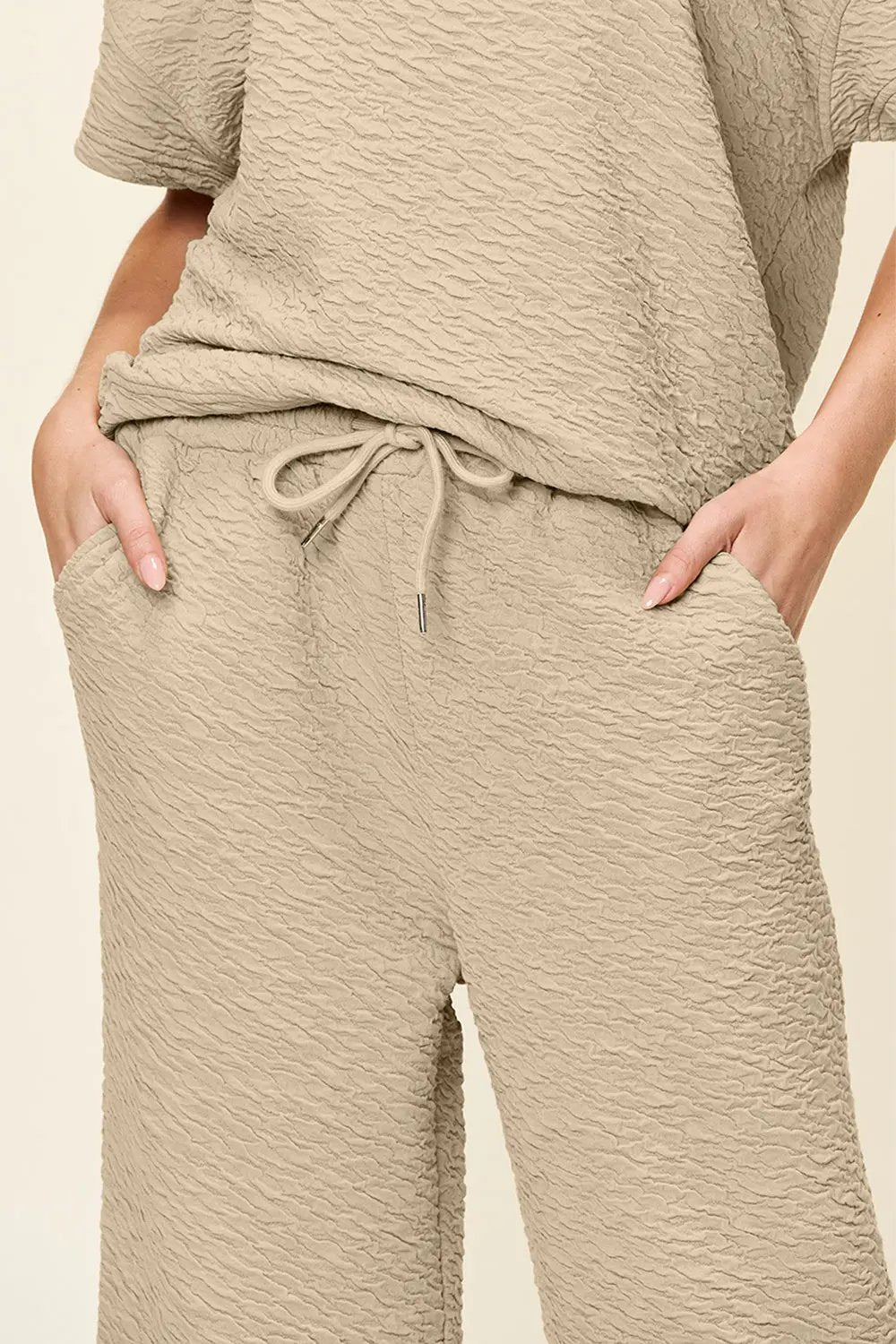 Double Take Full Size Texture Short Sleeve Top and Pants Set - Love Salve