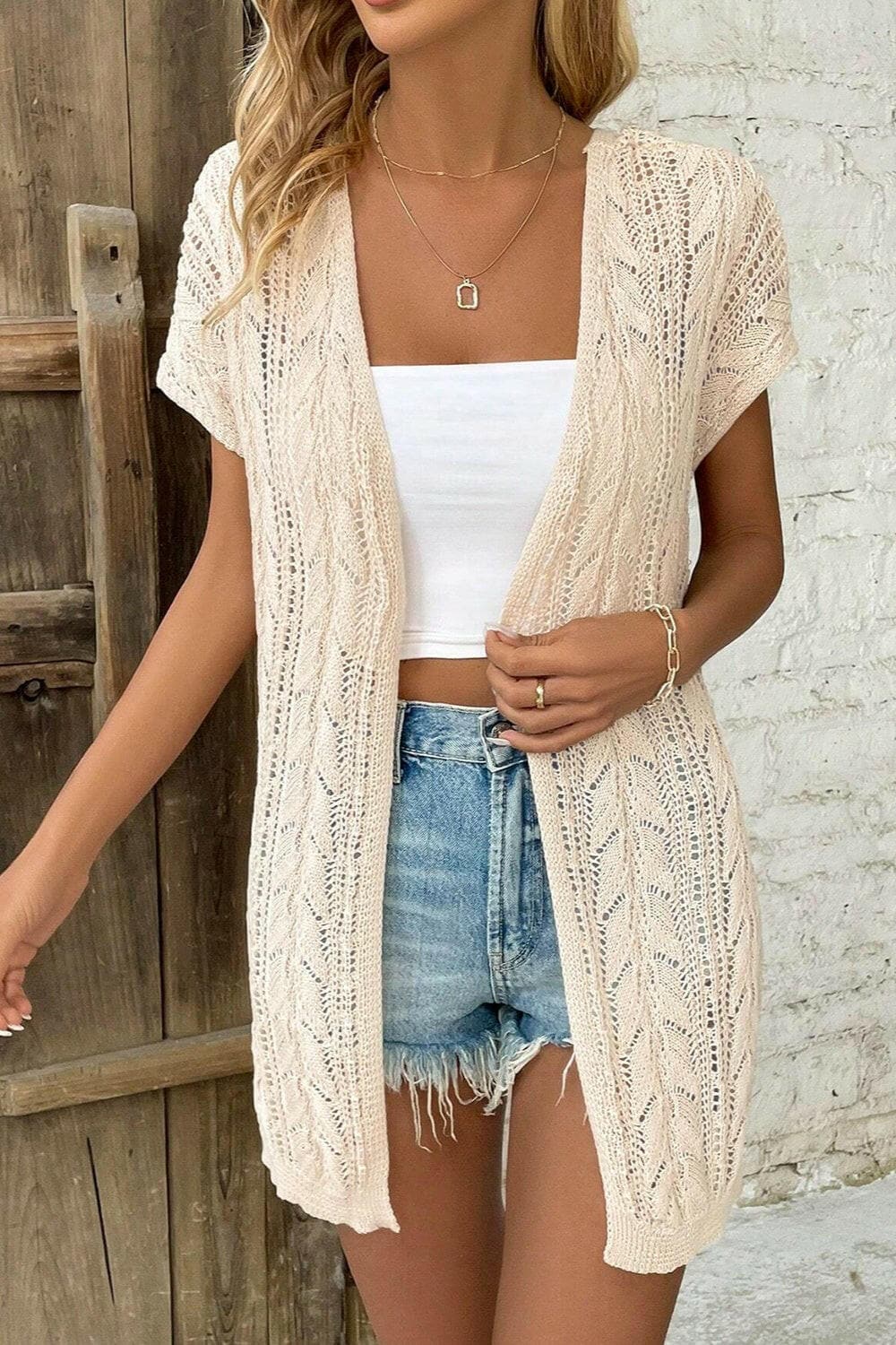 Openwork Open Front Short Sleeve Cardigan.