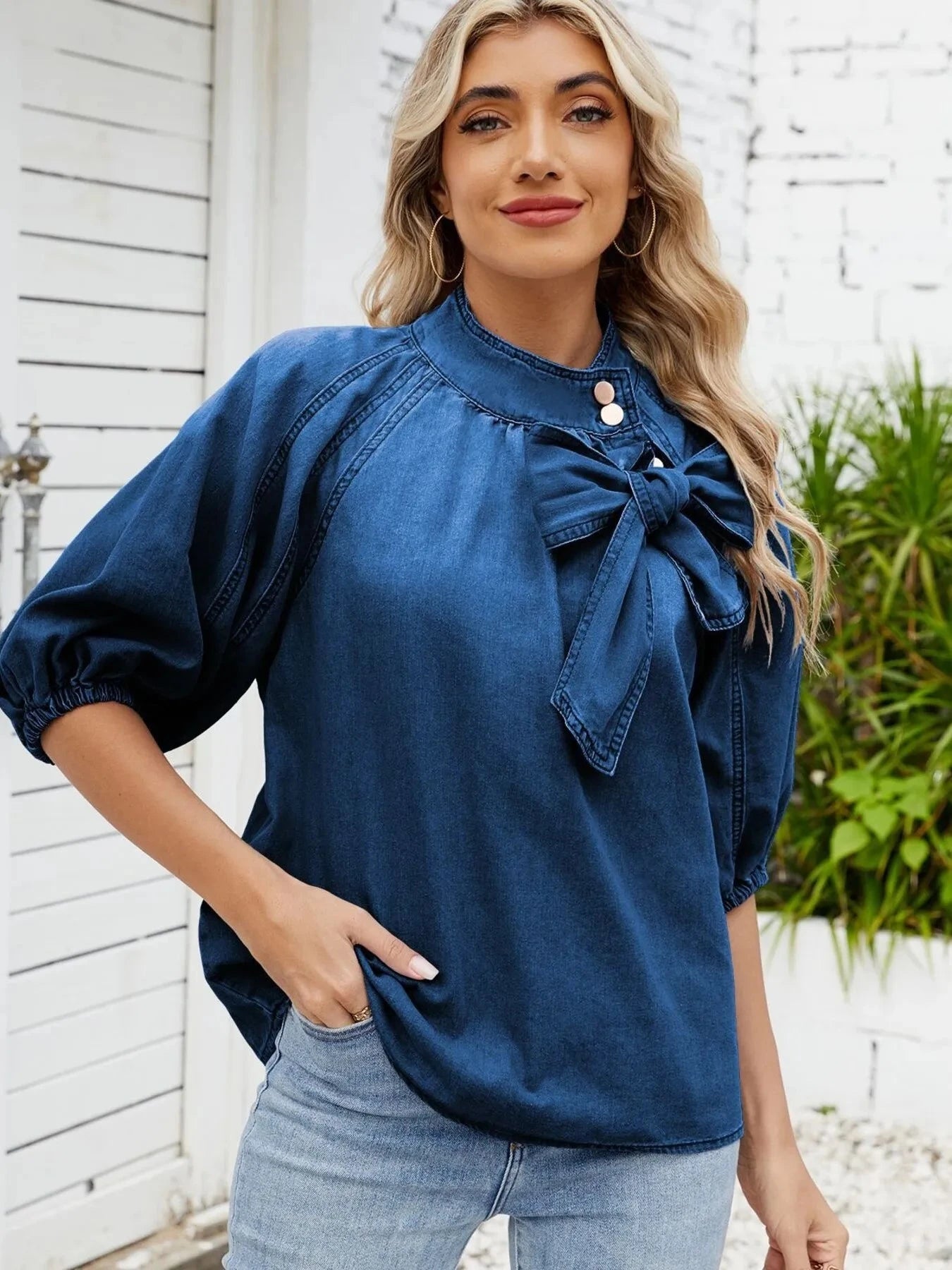 Denim Bow Tie Puff Sleeve Top Coco’s Tee Boutique