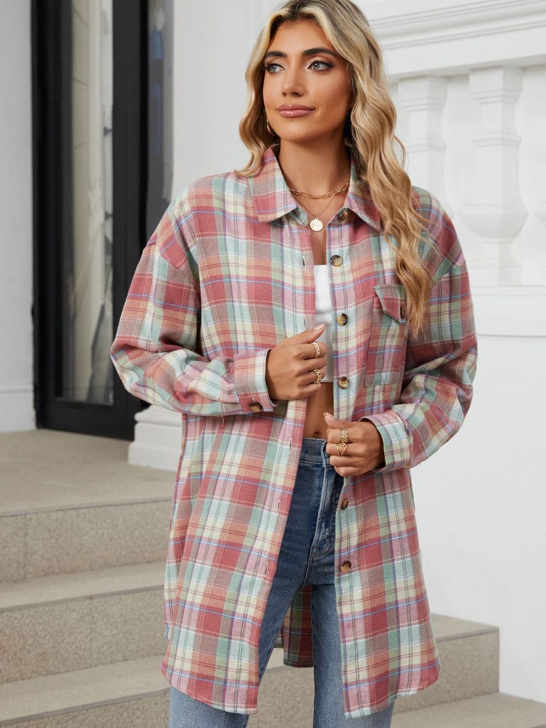 Plaid Collared Neck Long Sleeve Shirt.