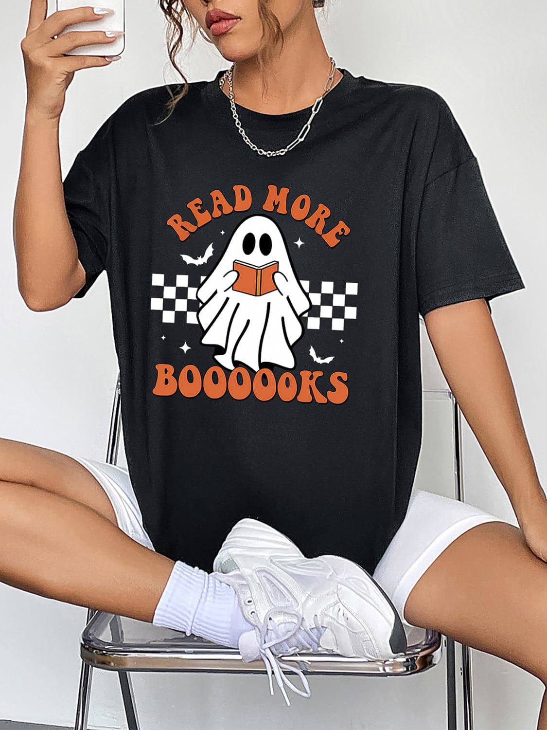 Spooky Vibes Round Neck Ghost Print Tee