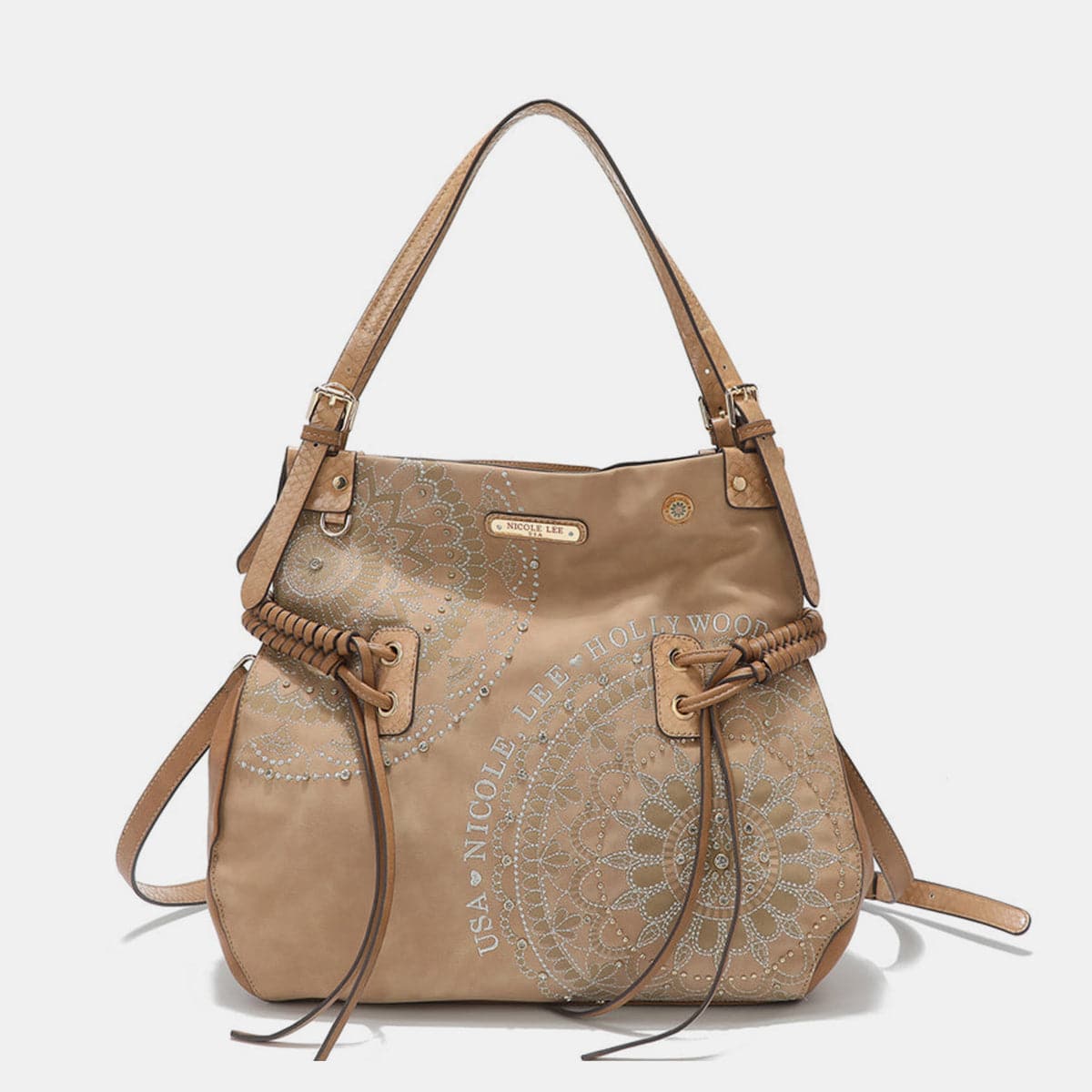 Nicole Lee USA Side Braided Tassel Inlaid Rhinestone Embroidery Hobo Bag.