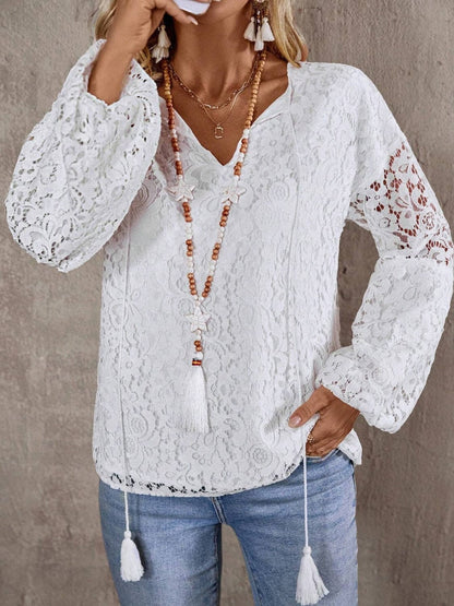 Lace Tie Neck Long Sleeve Blouse.