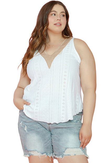 Elegant white plus size lace tank top with v-neck design