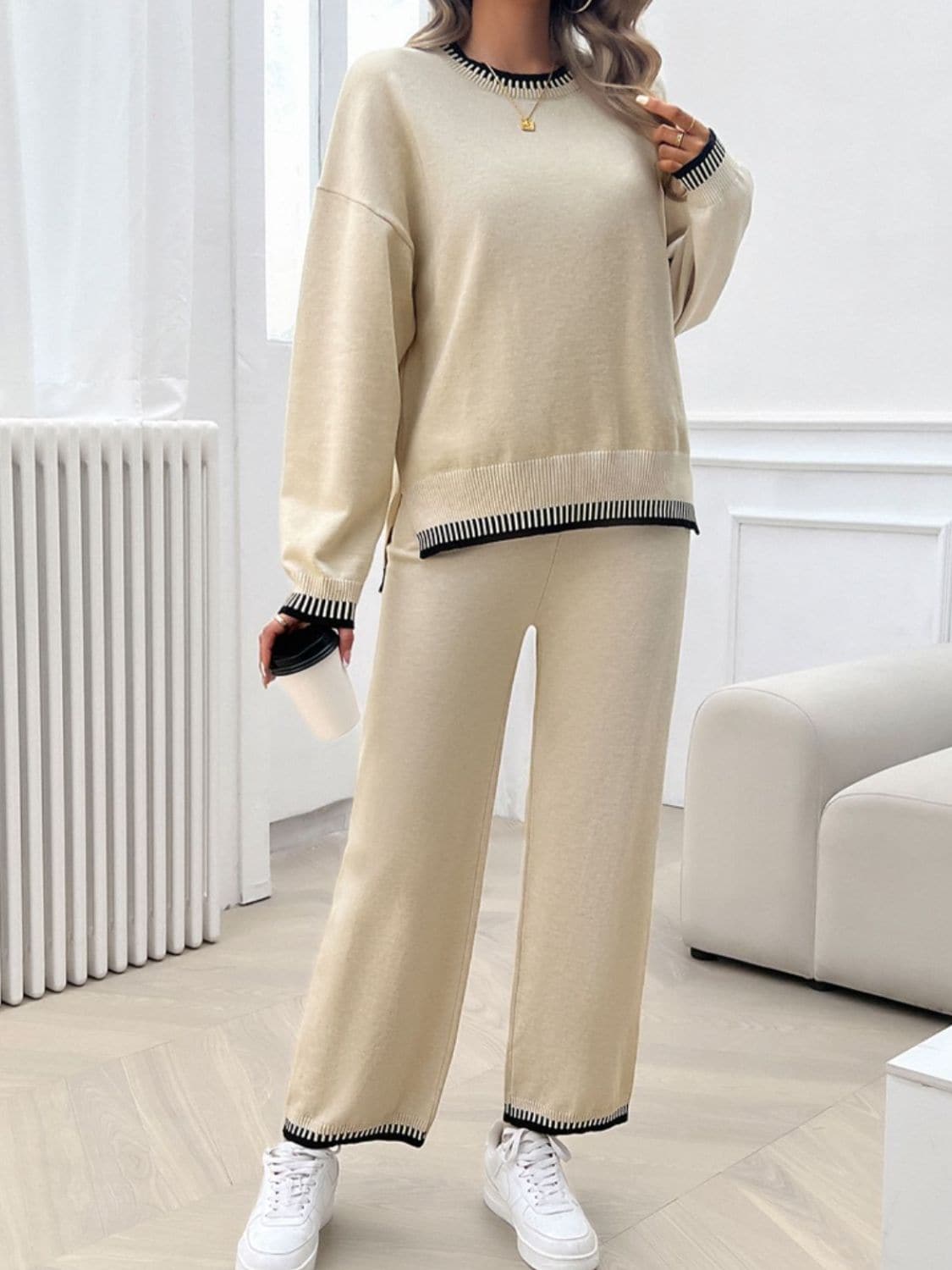 Round Neck Dropped Shoulder Top and Pants Sweater Set.