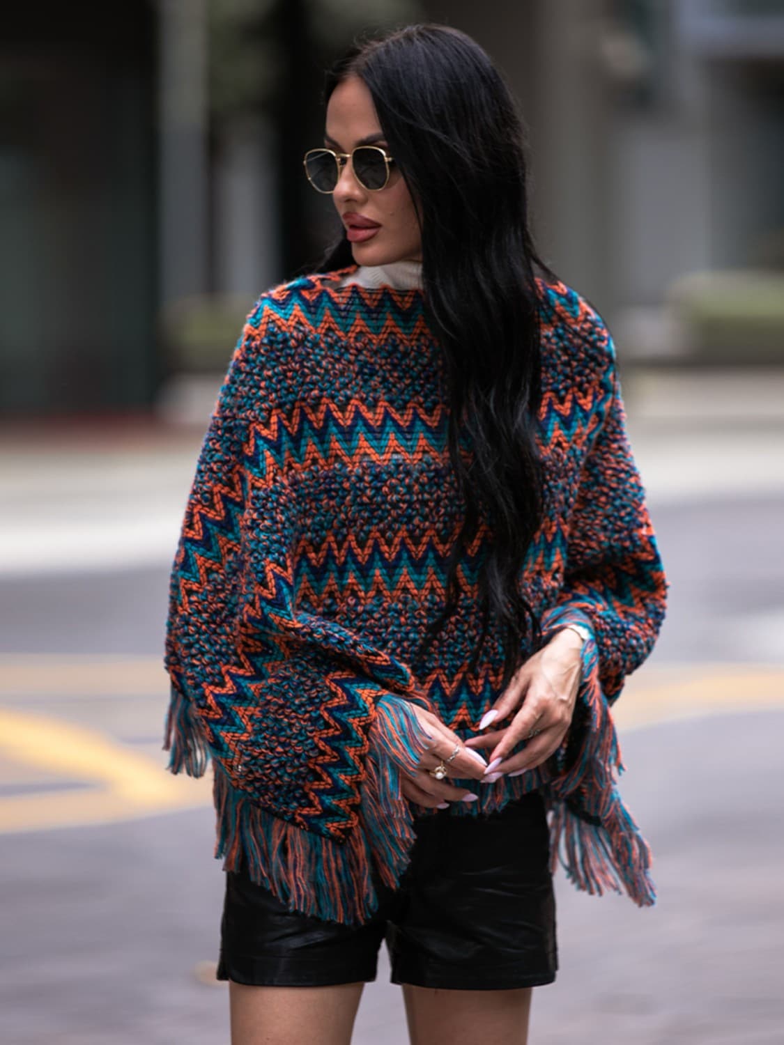 Fringe Hem Boat Neck Poncho.