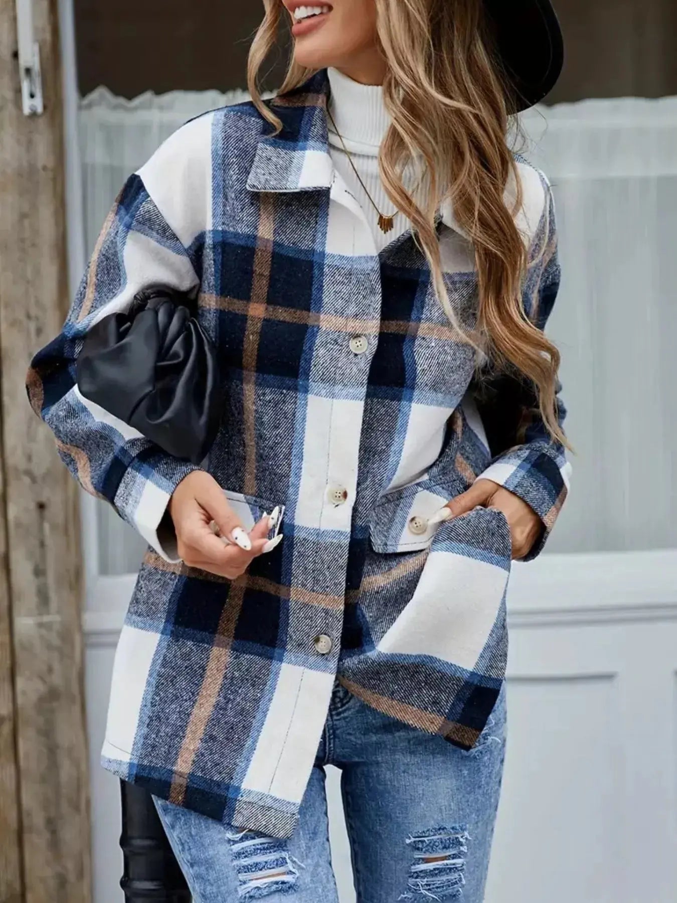 Plaid Button-Up Long Sleeve Shacket Simply Love