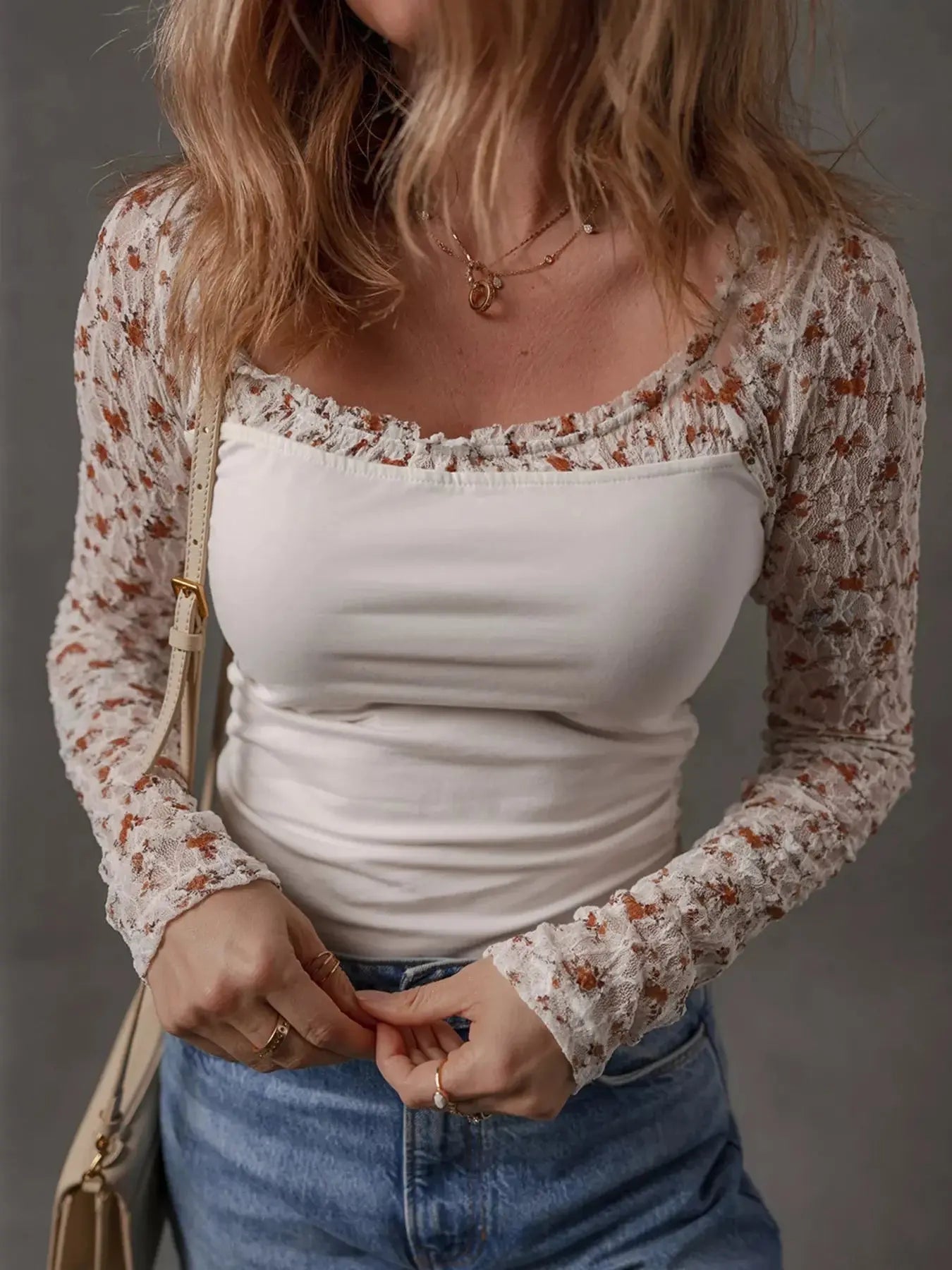 Floral Lace Patchwork Square Neck Long Sleeve Top For Women Simply Love