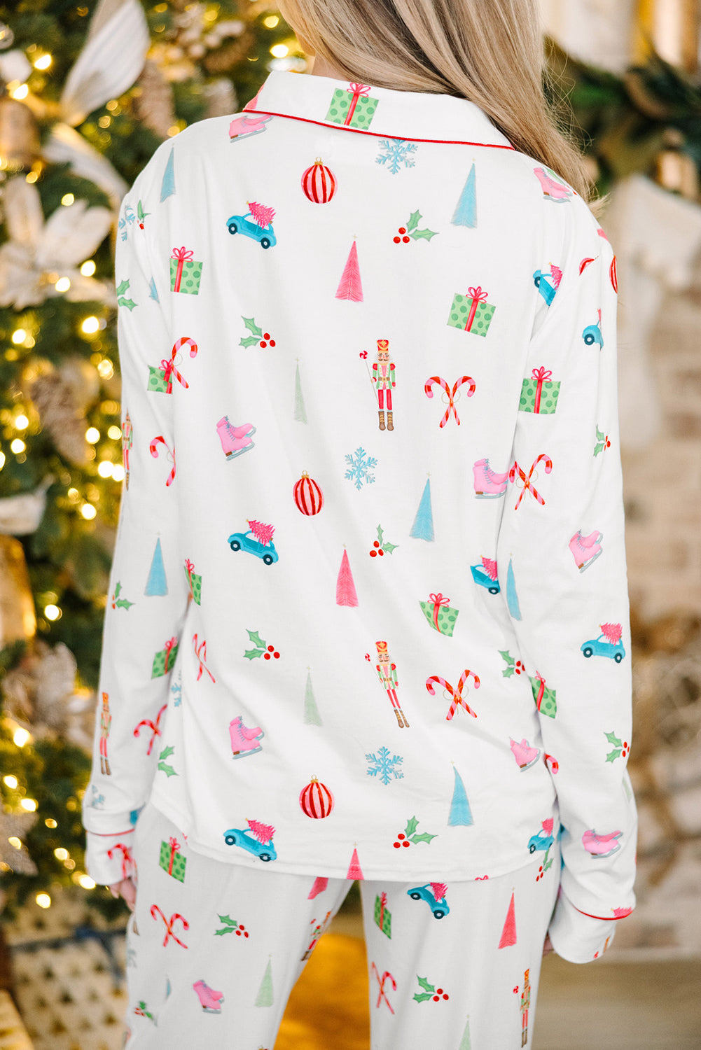 Festive White Christmas Lapel Shirt and Pants Sleep Set