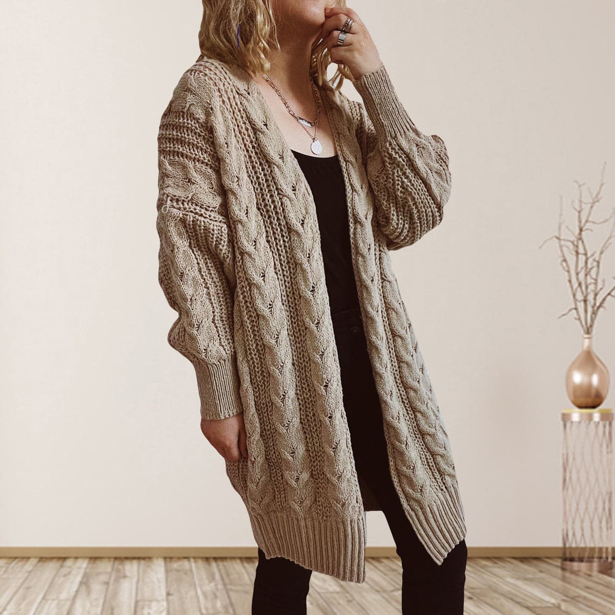 Cable-Knit Open Front Dropped Shoulder Cardigan.