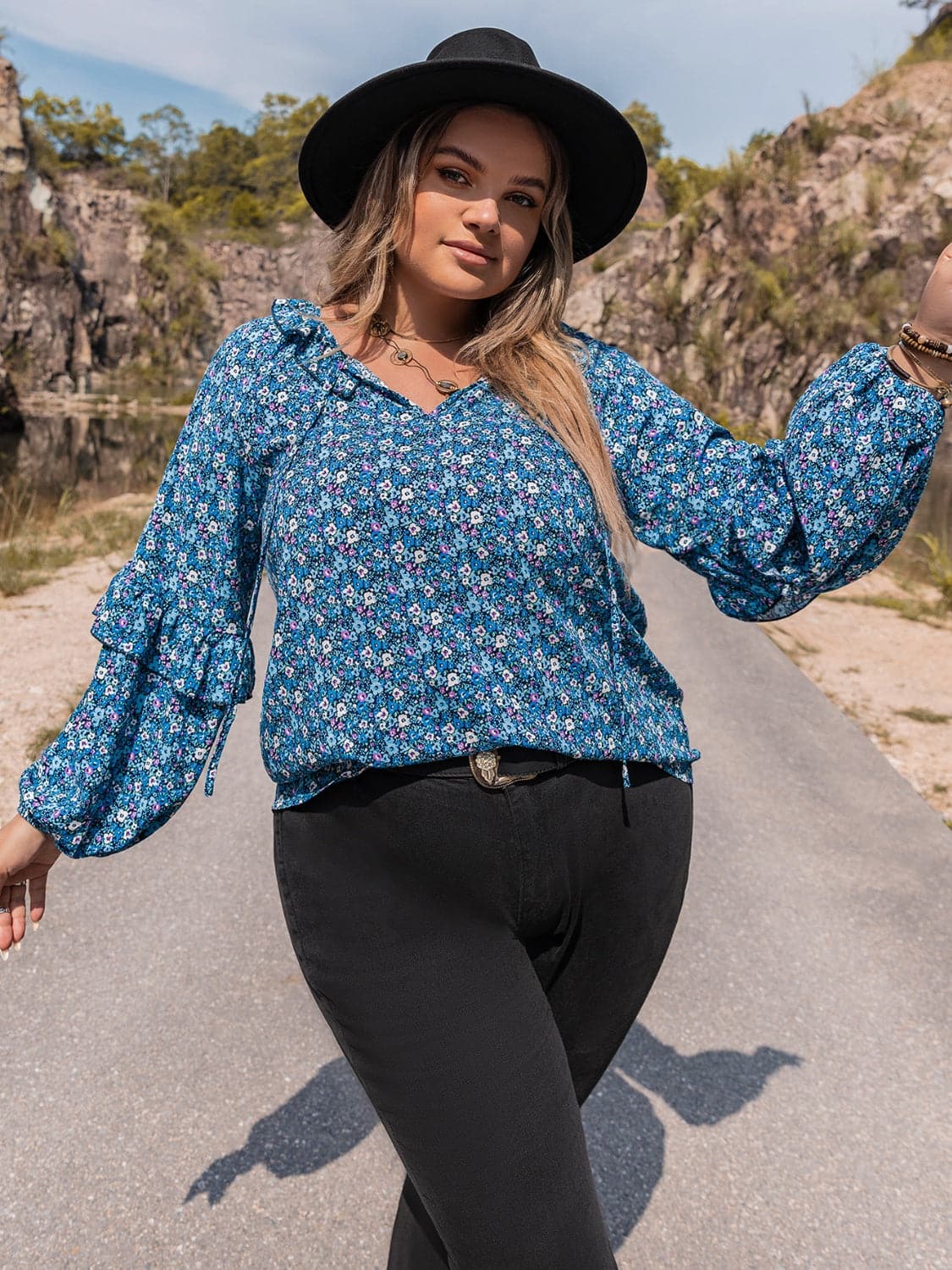 Plus Size Tie Neck Ruffled Blouse.