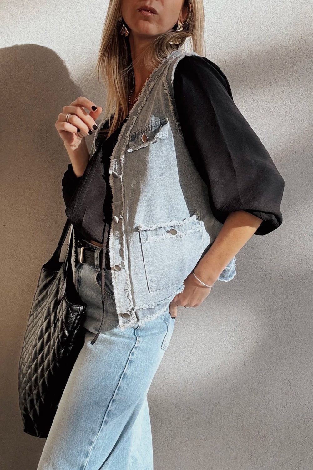 Beau Blue Frayed Edge Denim Vest Jacket With Flap Pockets For Casual Streetwear Essentials Dear-Lover Dropshipping