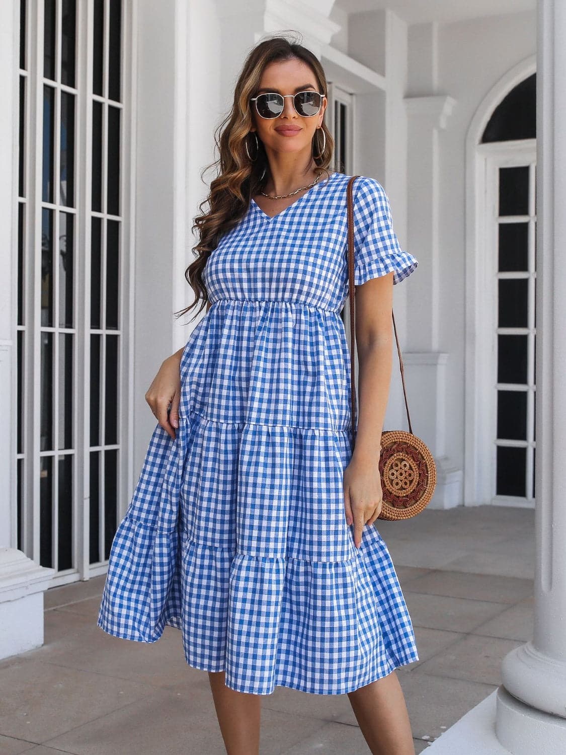 Plaid V-Neck Short Sleeve Midi Dress.