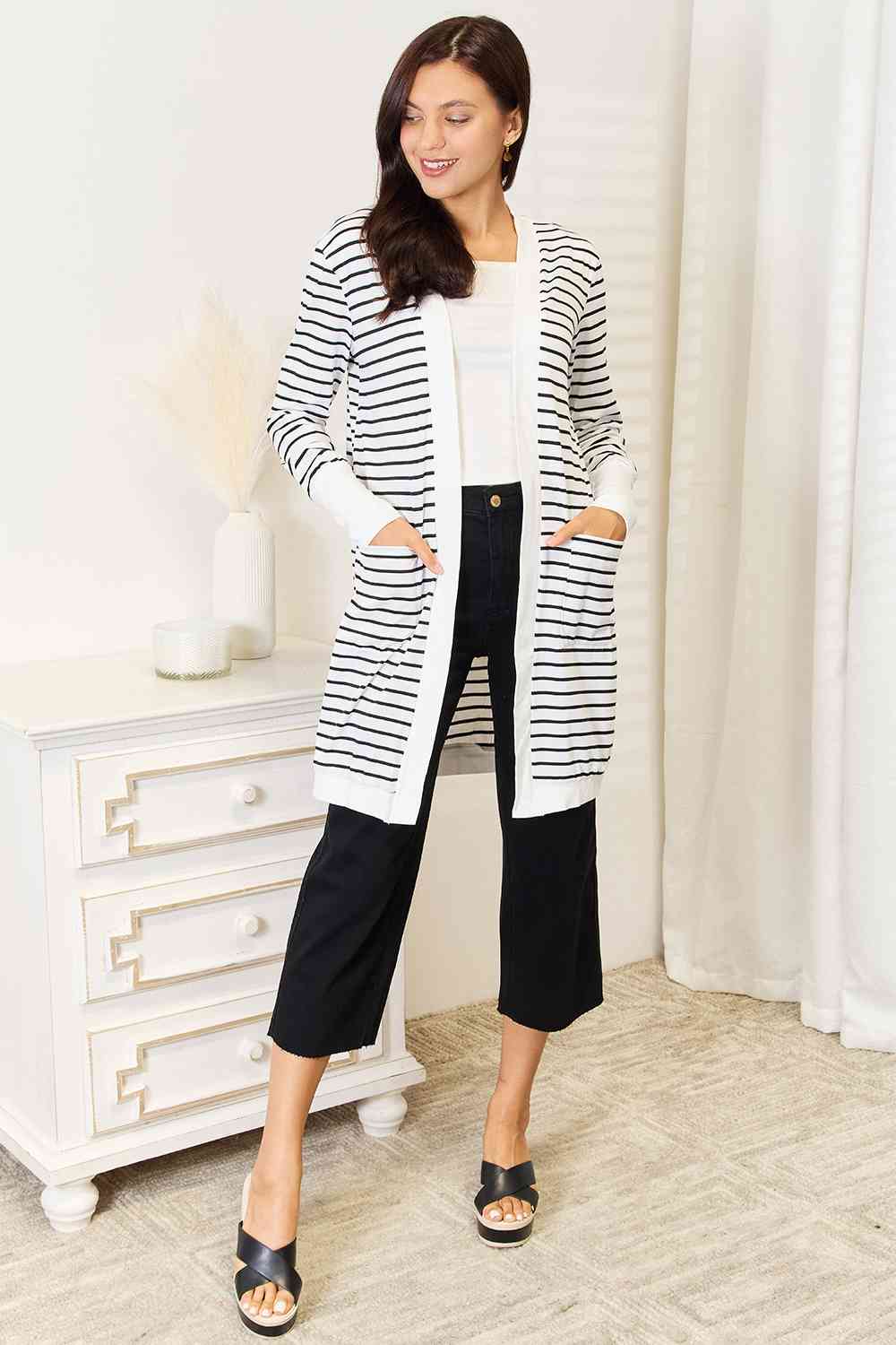 Double Take Striped Open Front Longline Cardigan - Love Salve