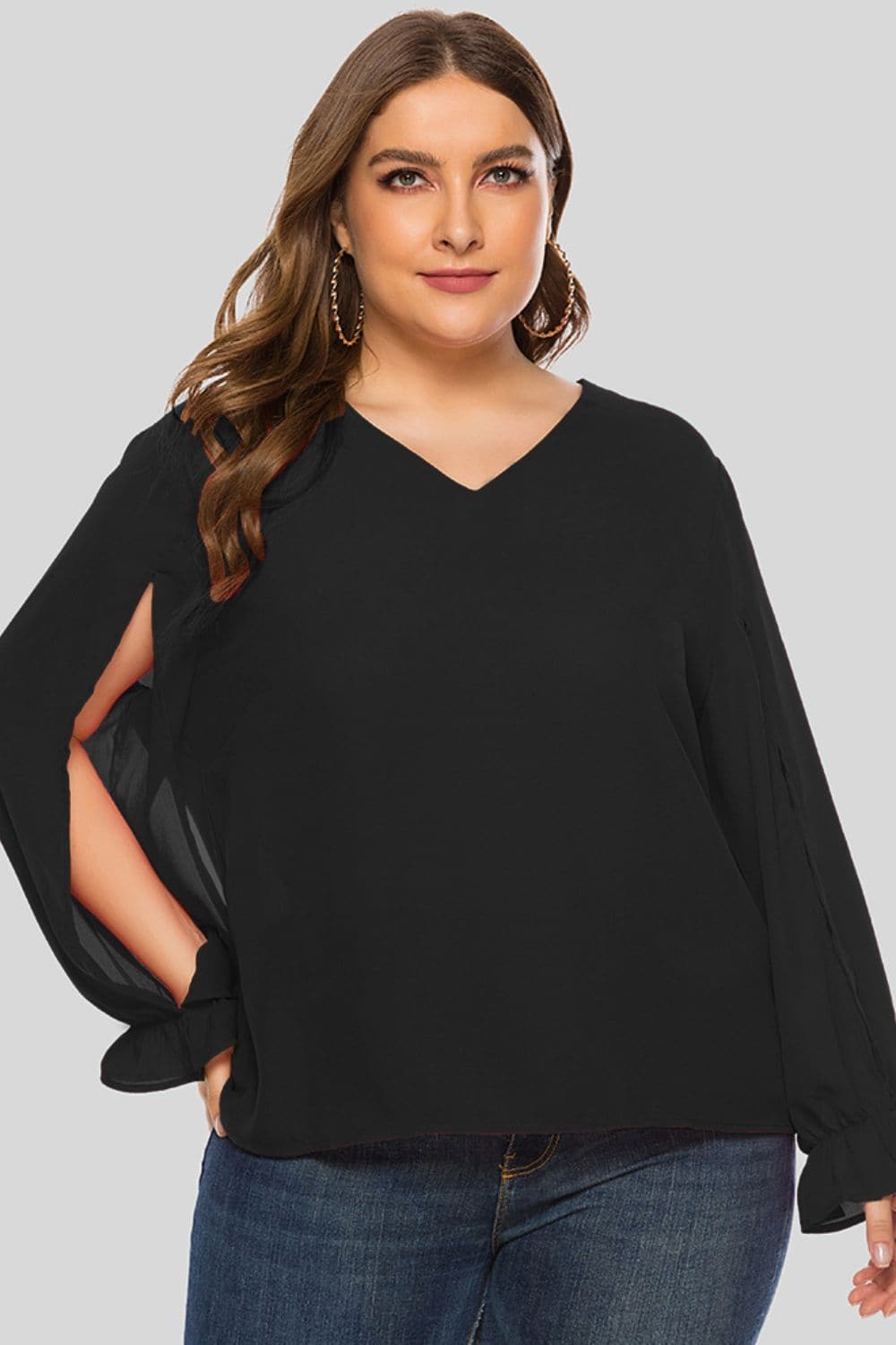 Plus Size Cutout Flounce Sleeve Blouse.