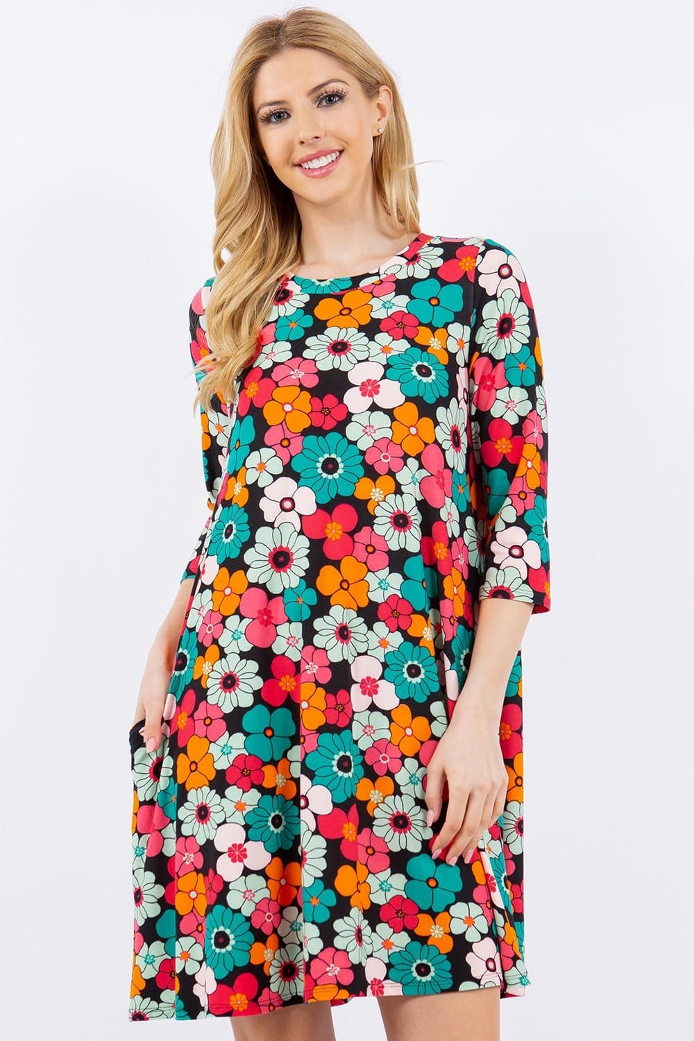 Celeste Full Size Floral Three-Quarter Sleeve Dress with Pockets.