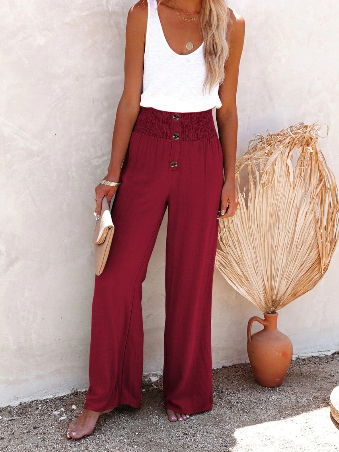 Full Size Decorative Button High Waist Pants.