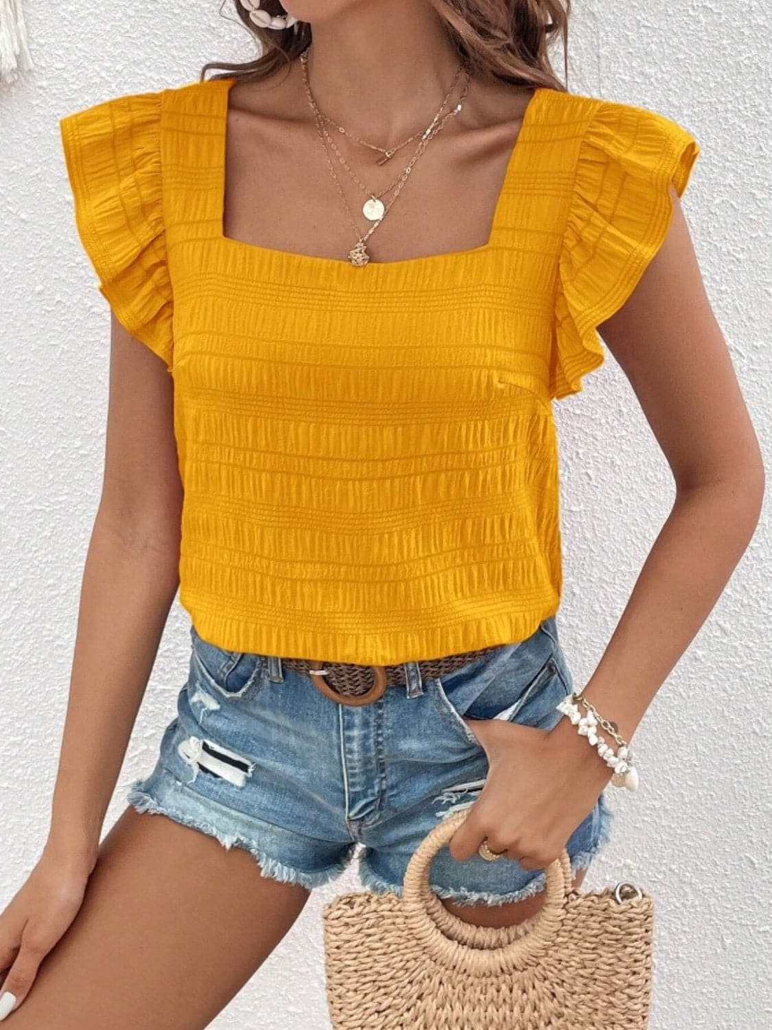 Ruffled Square Neck Cap Sleeve Blouse.