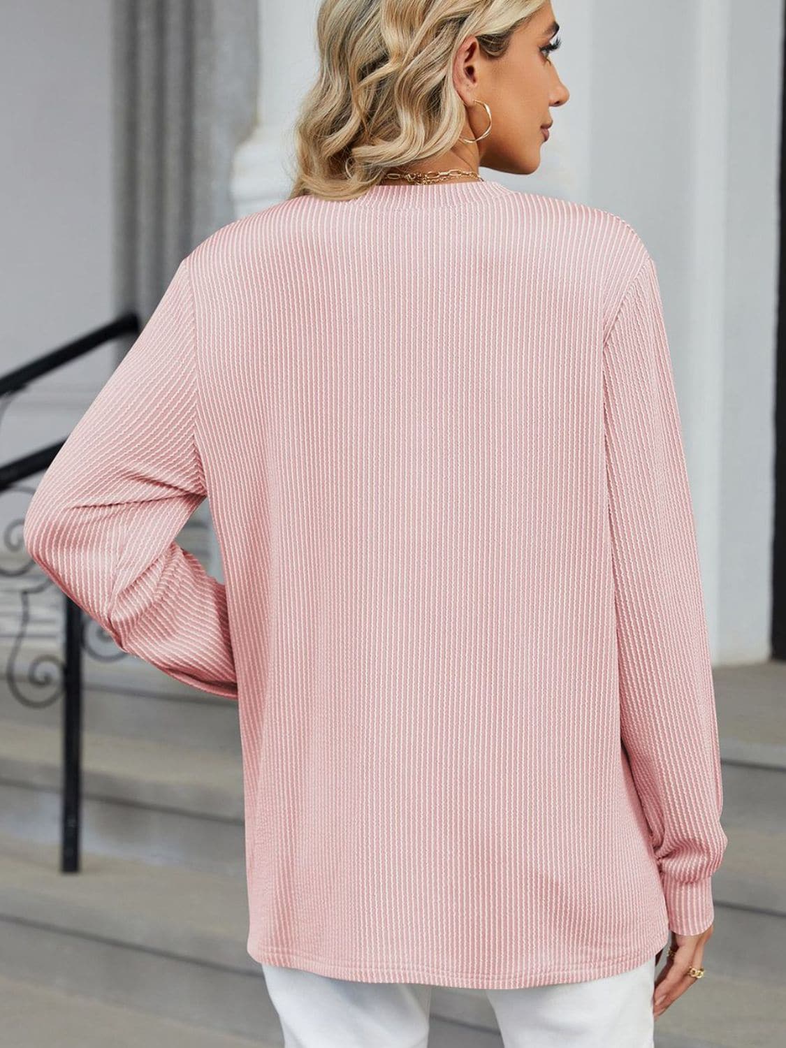 Striped Notched Long Sleeve T-Shirt.