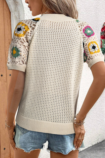 Apricot Floral Crochet Embroidered Short Sleeve Sweater with Hollow Out Design