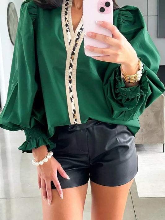 Puffy Flounce Sleeve Leopard Trim V Neck Blouse Simply Love
