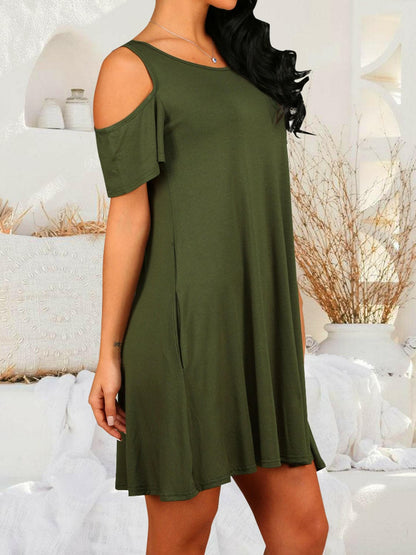 Round Neck Cold Shoulder Short Sleeve Dress.