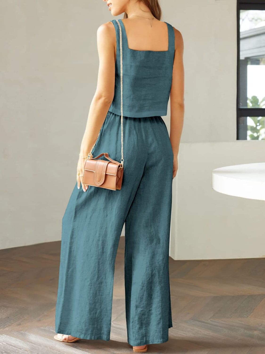 Square Neck Top and Wide Leg Pants Set.