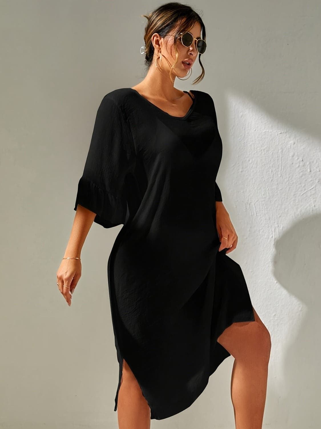 Slit V-Neck Flounce Sleeve Cover-Up.