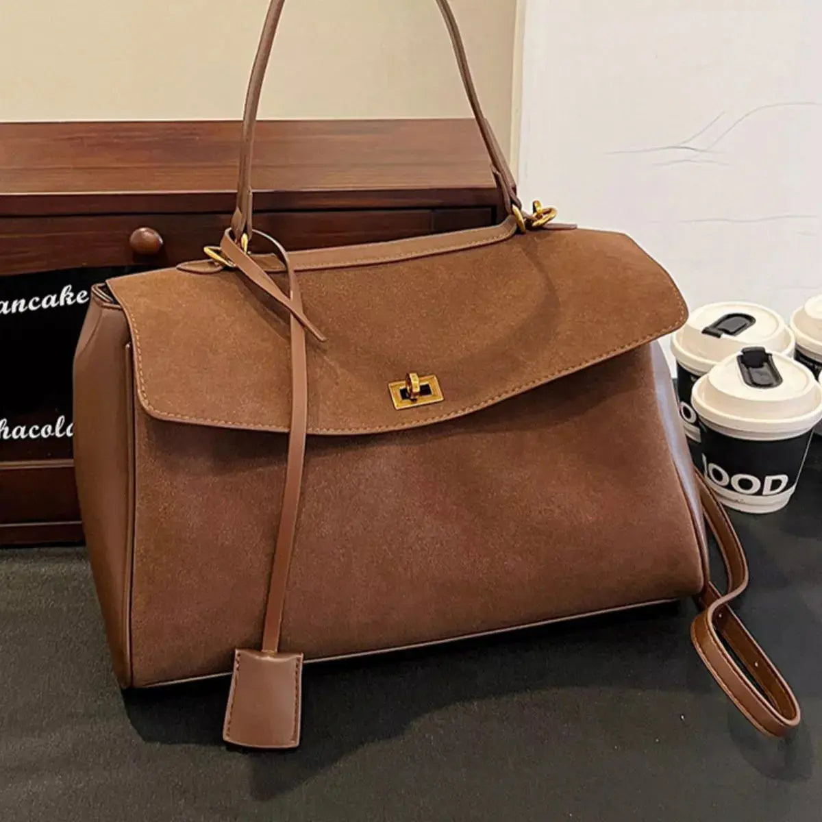 Black PU Leather Flap Crossbody Bag Medium Size With Gold Hardware Simply Love