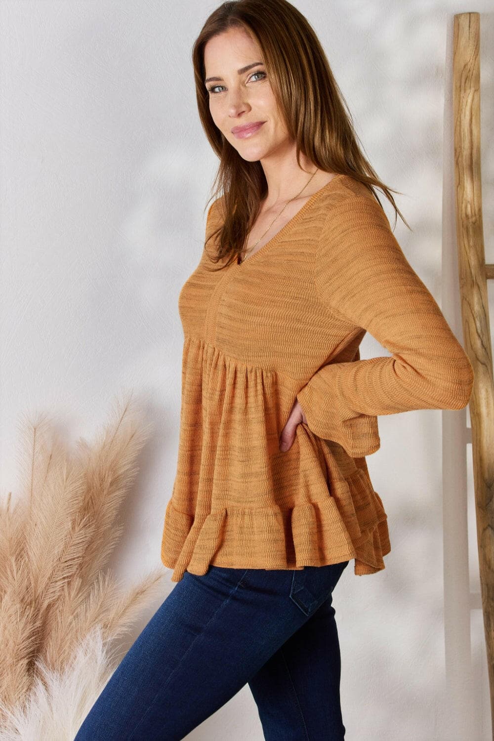 Hailey & Co Full Size V-Neck Flounce Sleeve Blouse.