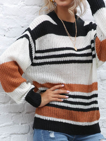 Striped chic round neck long sleeve sweater