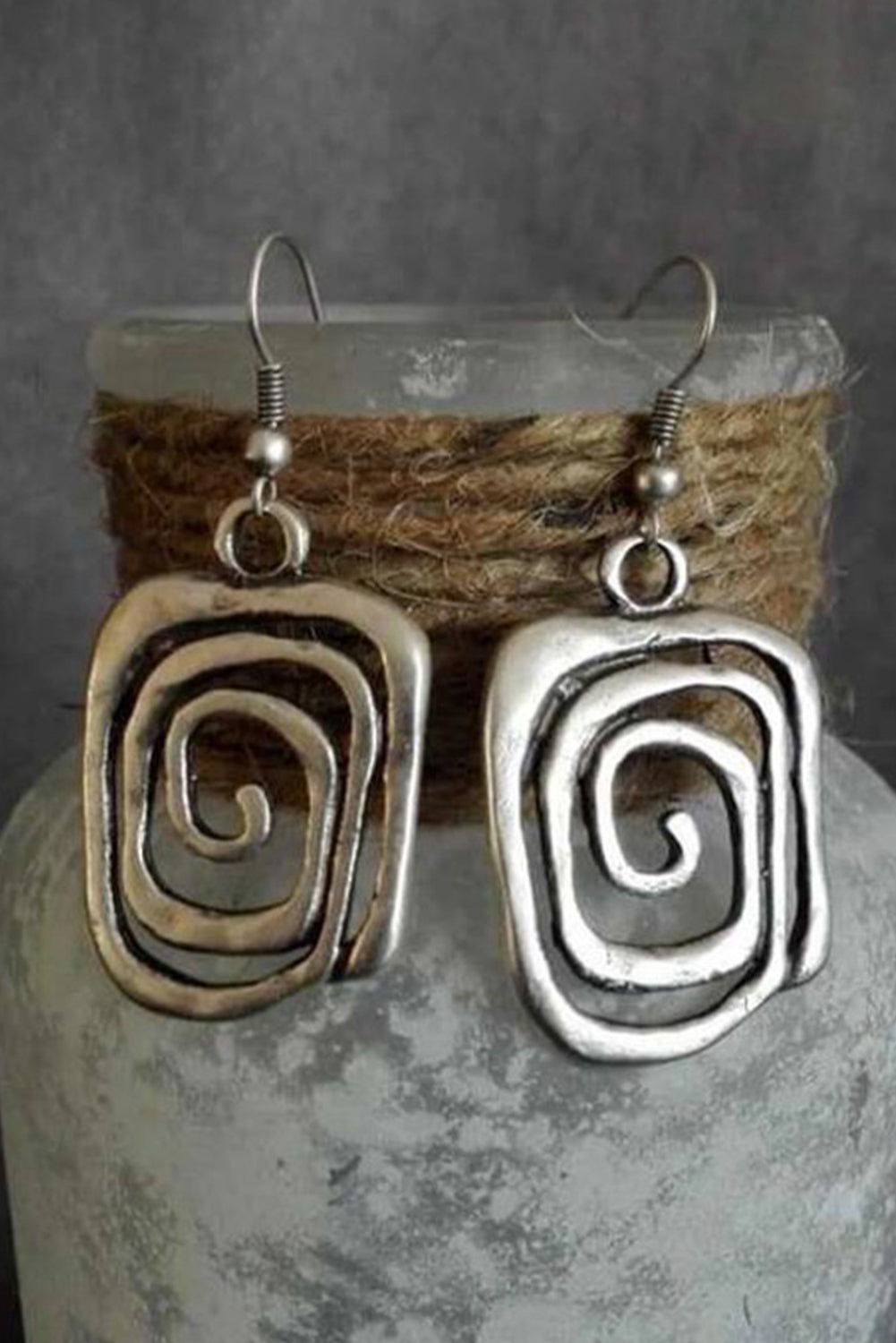 Silvery Vintage Square Swirl Hook Earrings