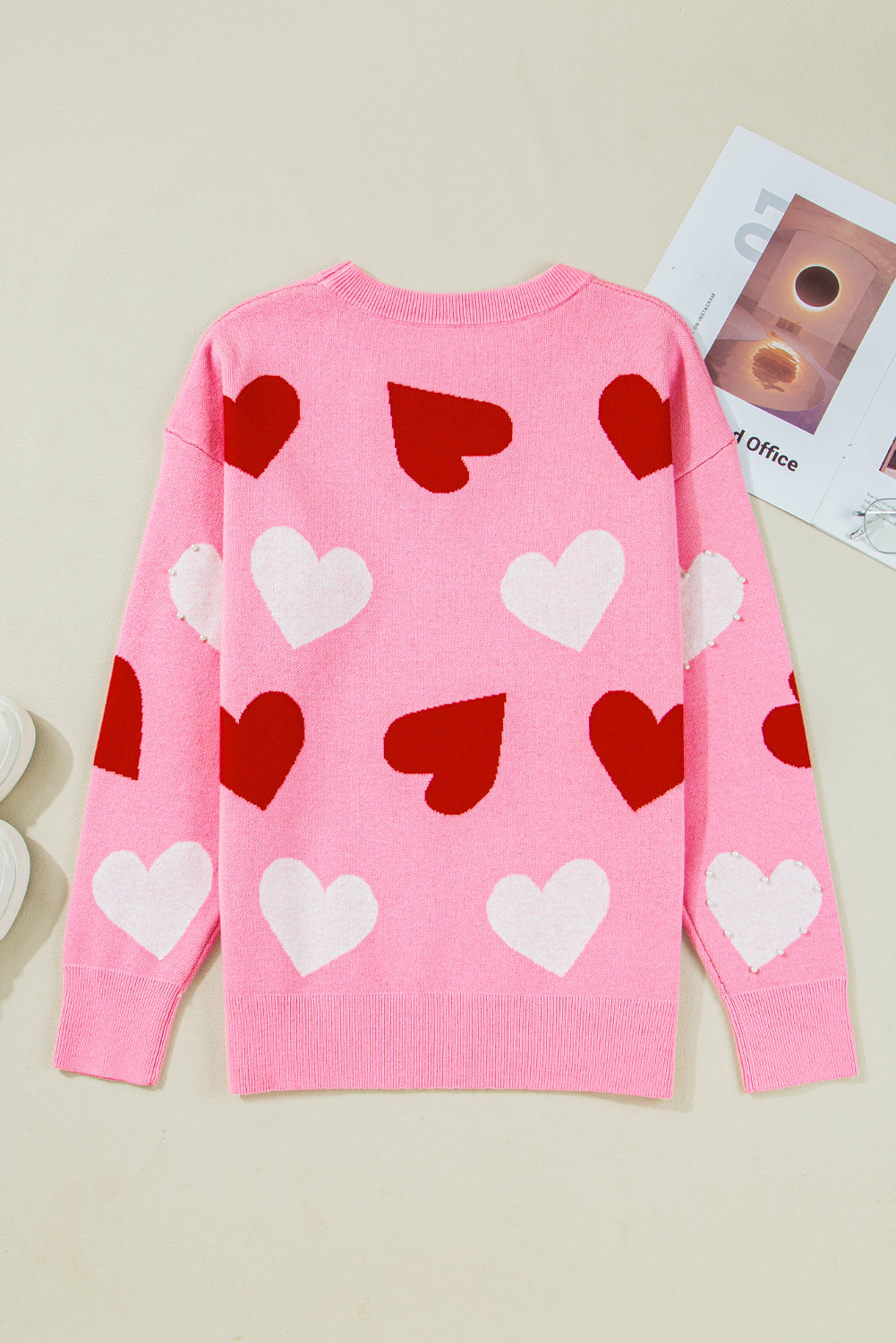 Pink Pearl Embellished Heart Pattern Valentines Day Sweater Dear-Lover Dropshipping