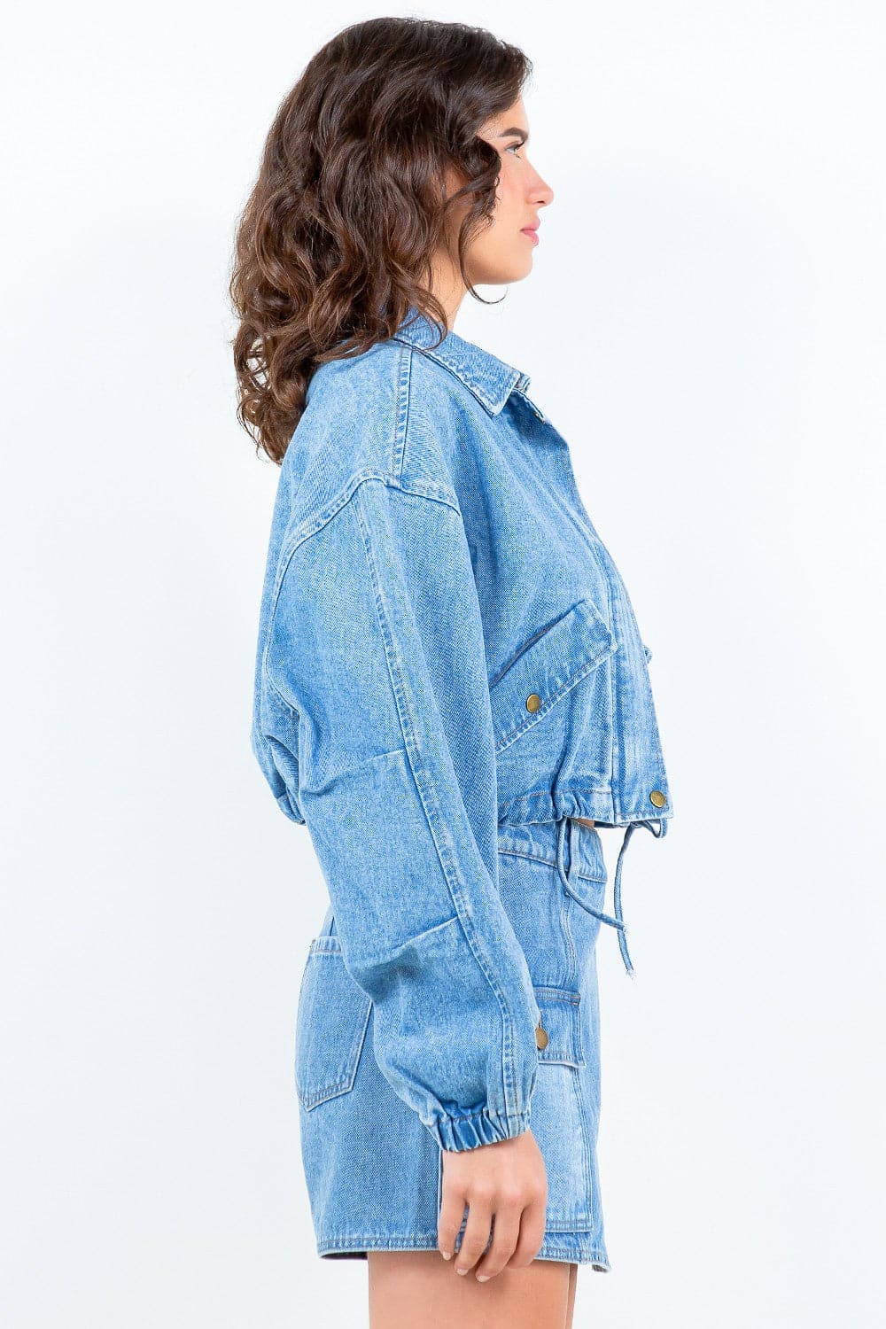 Cropped denim jacket with drawstring waist