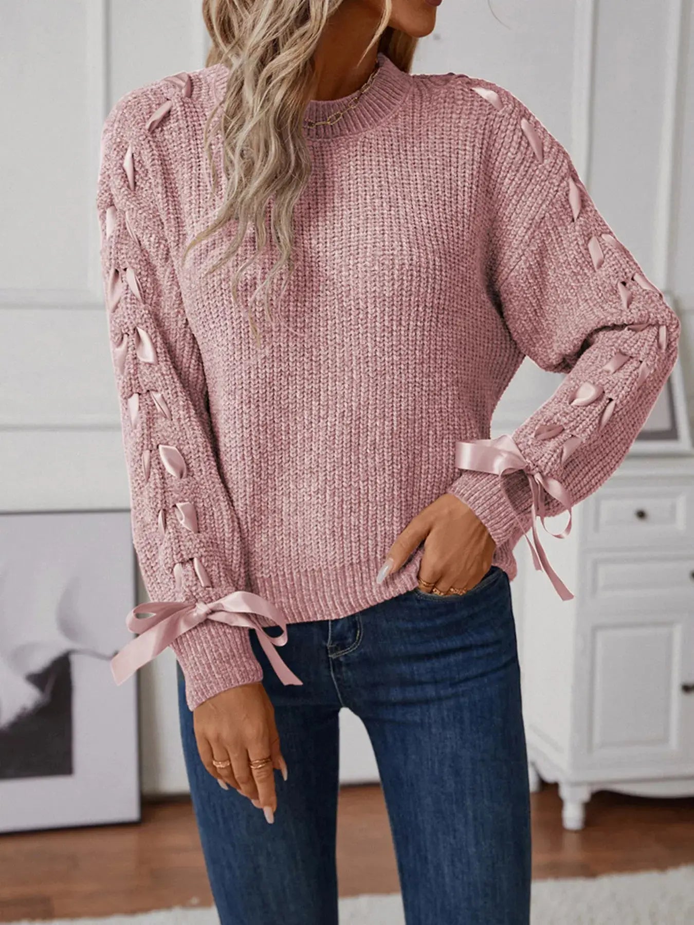 Ribbon-Tie Sleeve Round Neck Sweater Simply Love