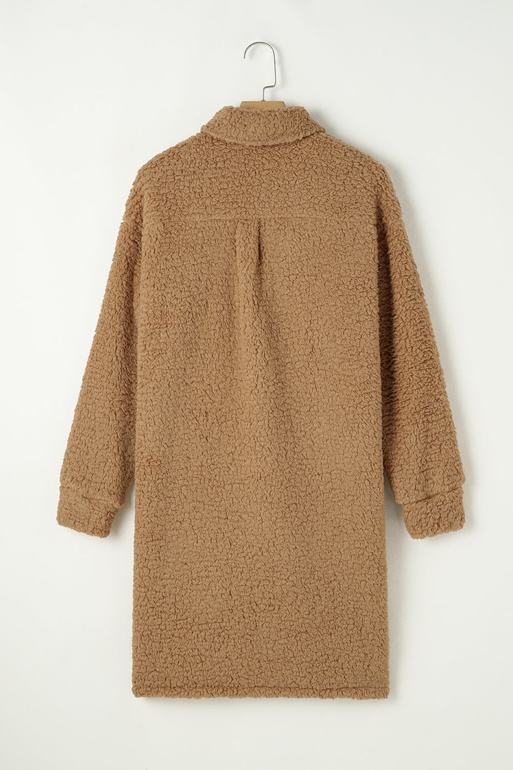 Khaki Single Breasted Teddy Coat with Contrast Flap Pockets