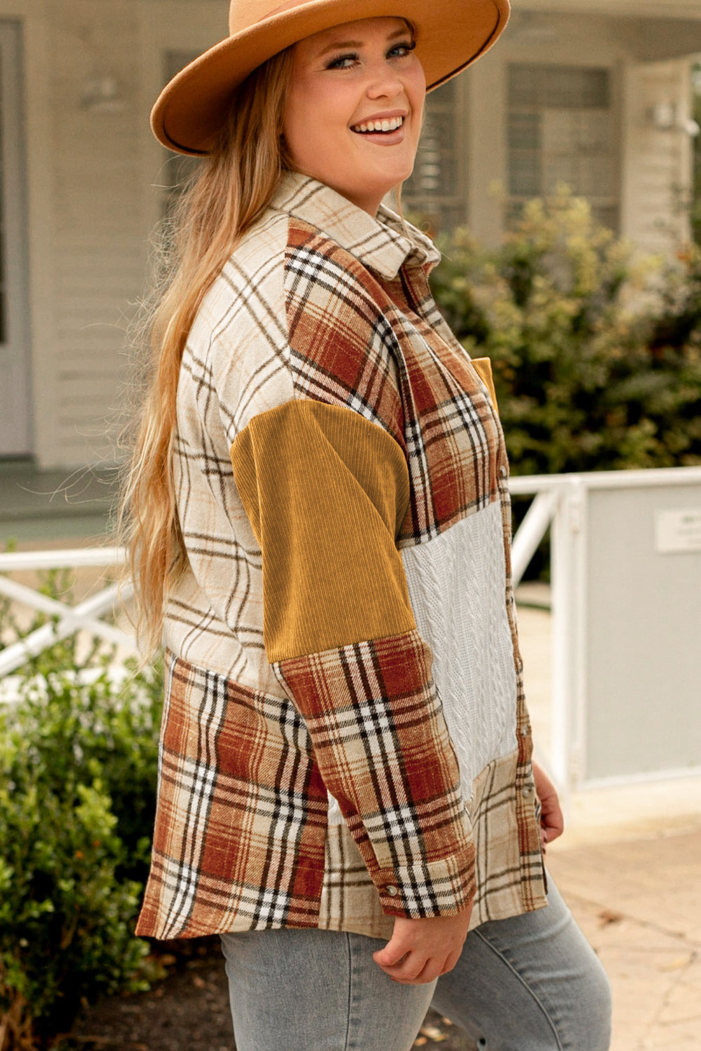 Chic golden apricot plaid patchwork shacket for plus sizes