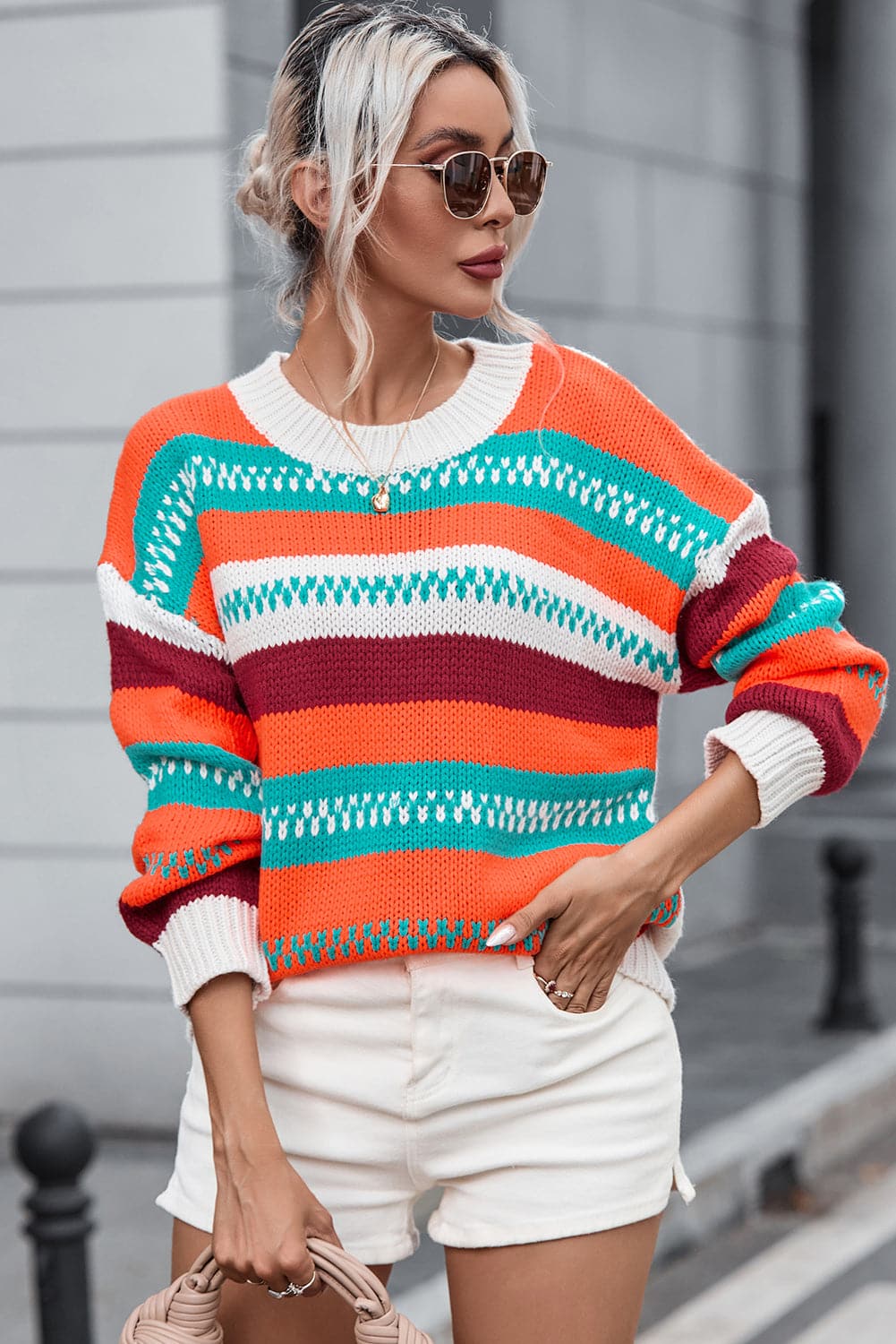 Striped Round Neck Long Sleeve Sweater.