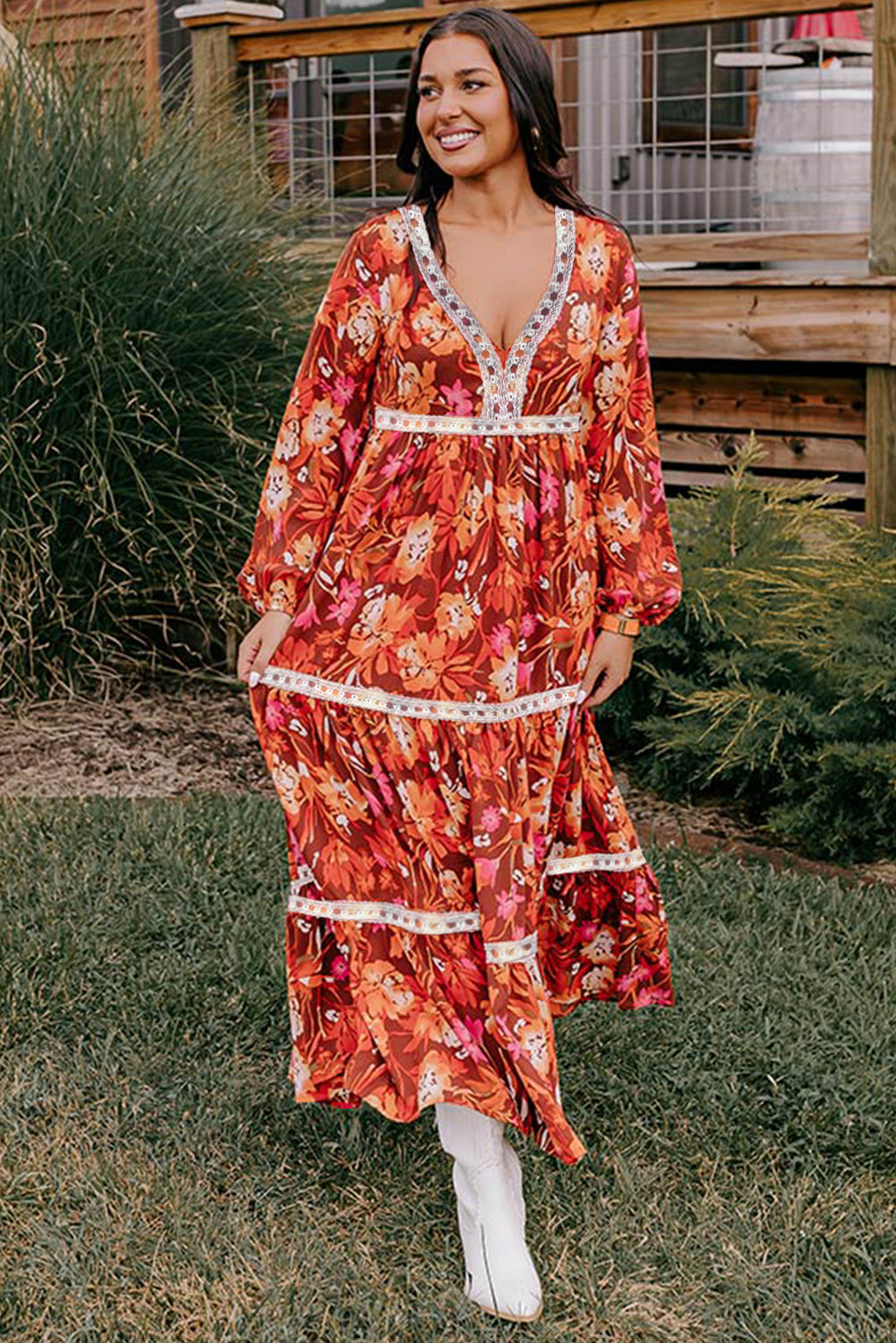 Elegant orange floral maxi dress with lace trim and V-neckline