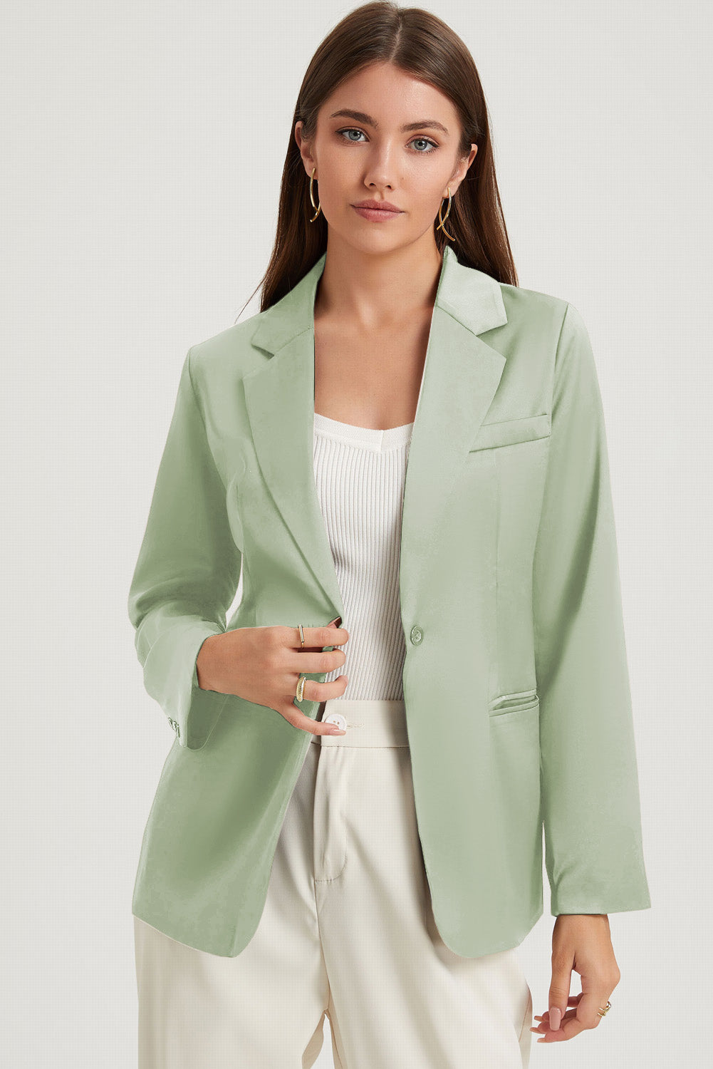 Chic green lapel blazer with single button and pockets